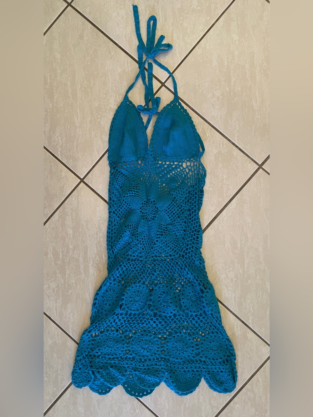 Teal Crochet Halter Dress